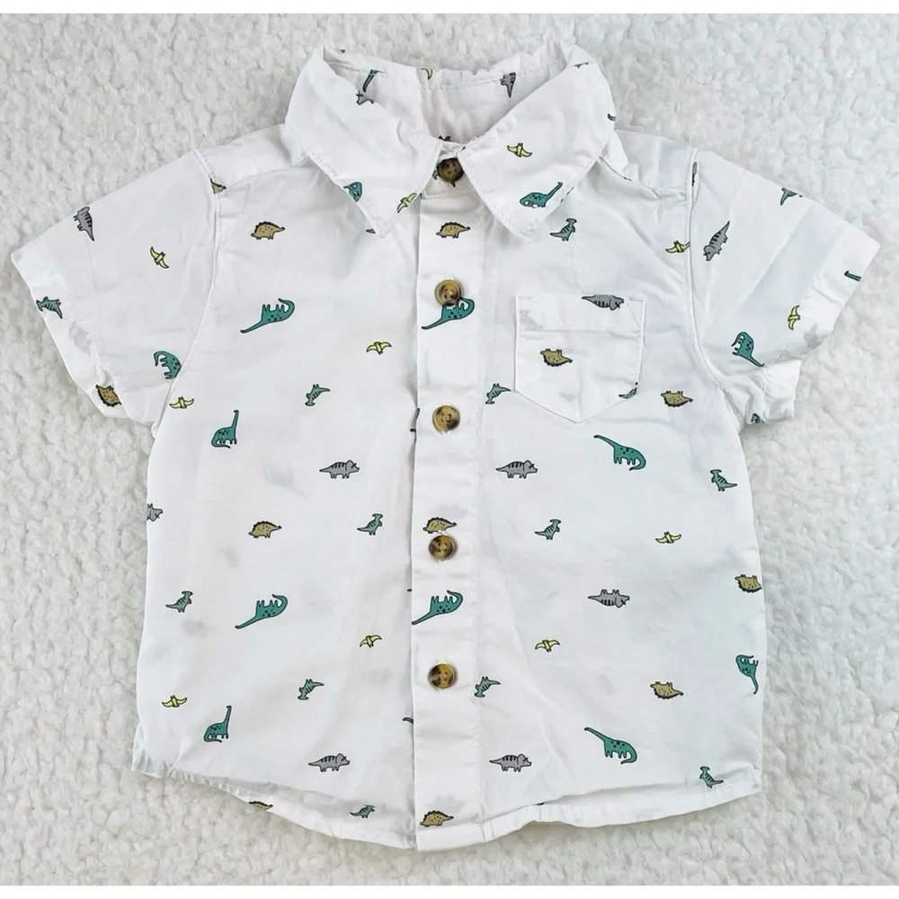CARTER’S • White/Multi Dinosaur Print Button-Down Short Sleeve Shirt, 3M